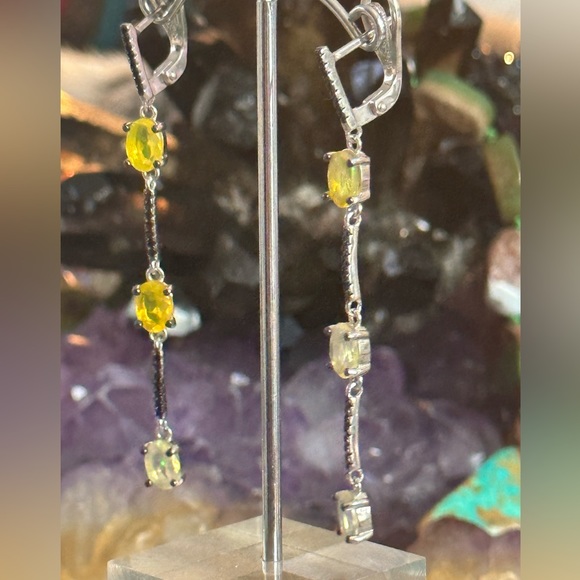 Faceted fire opals black spinel sterling silver long earrings - Picture 5 of 10